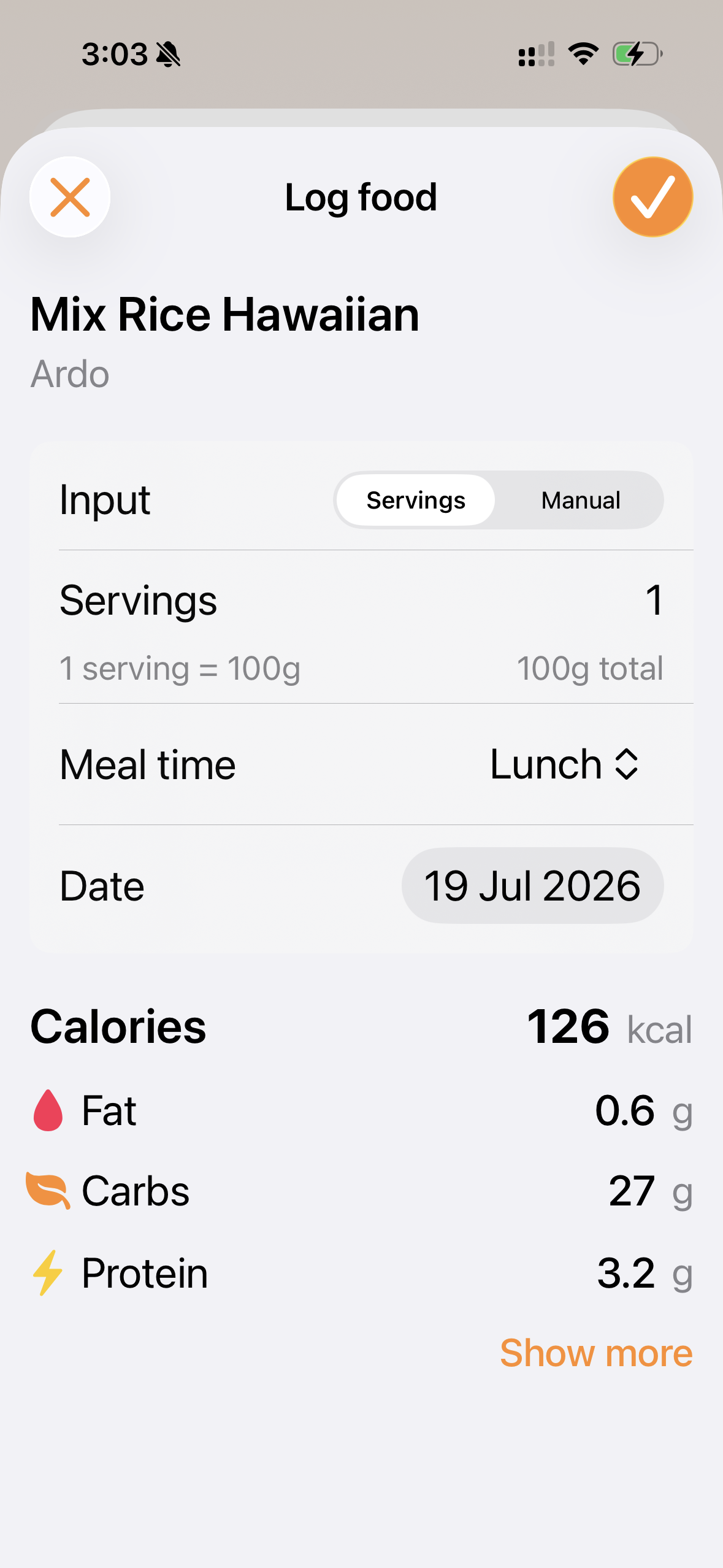 FoodieCalc Log food sheet at a larger text size.