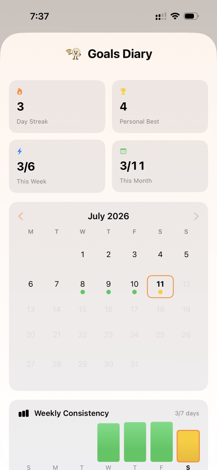 FoodieCalc goals diary showing streak stats, calendar progress, and weekly consistency.
